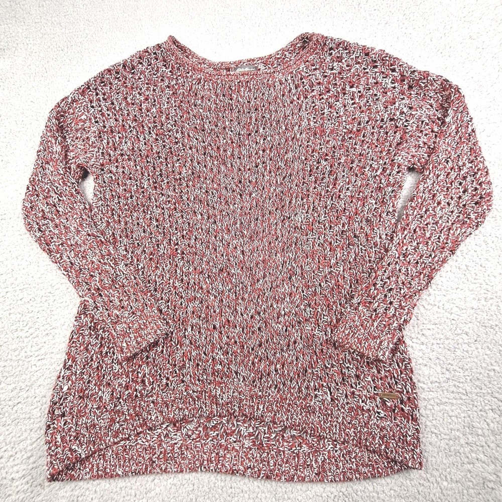 Eddie Bauer Sweater Womens Medium Red‎ Black Marled Chunky Knit Cotton Pullover